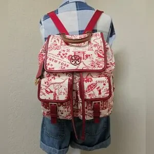 Tory Burch Maroon Cream Nylon Medium Backpack AUTHENTIC Tory Burch Nylon Exterior Backpack Bags & Handbags for Women  main image 4